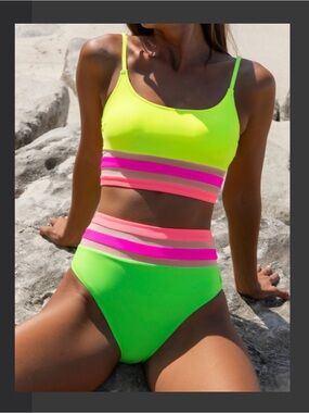 Popvil Neon Green & Pink Two-Piece High-Waist Swim Set